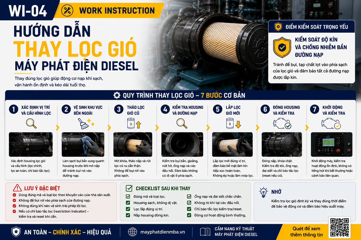 Thay lọc gió máy phát điện diesel