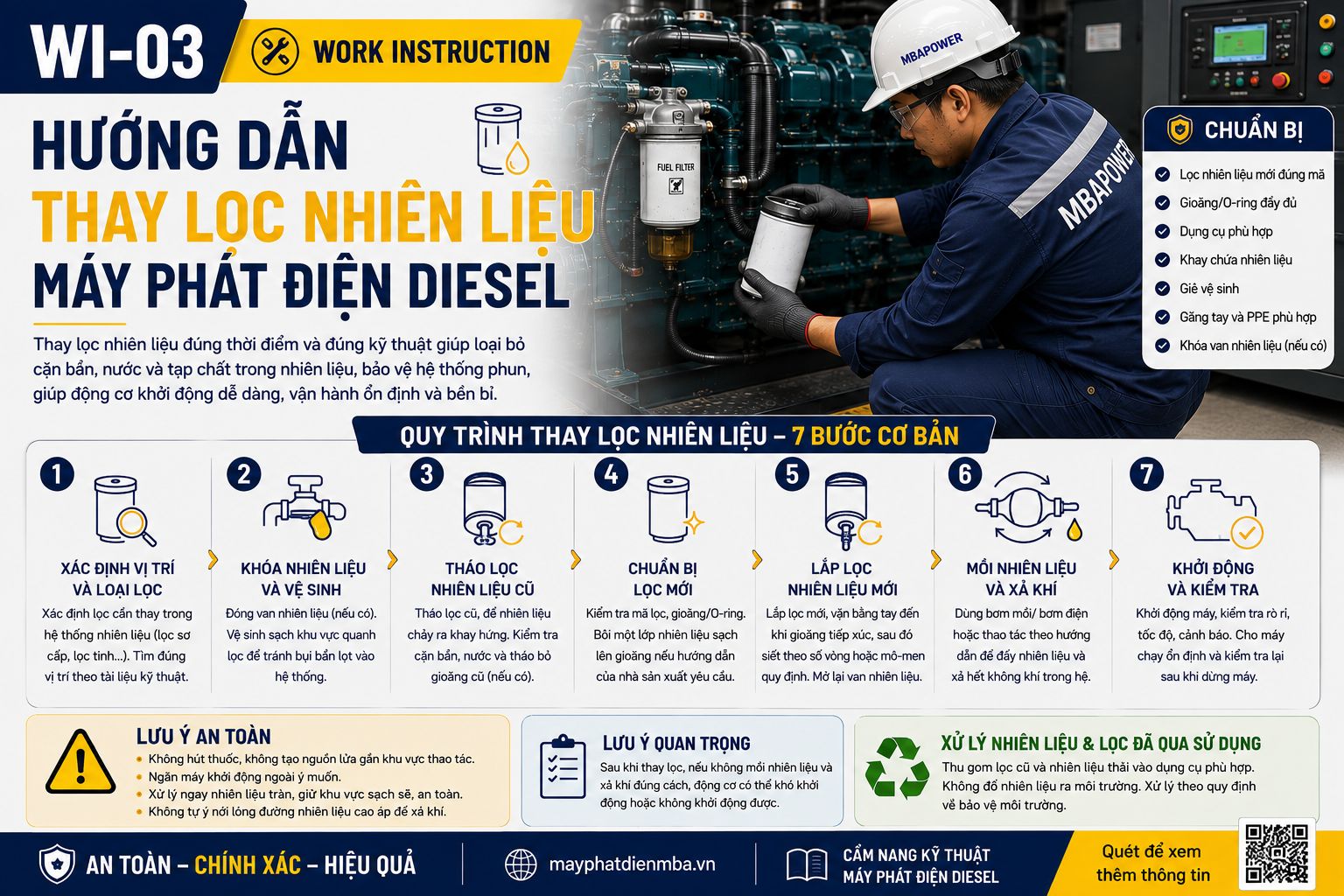 hướng dẫn thay lọc nhiên liệu máy phát điện diesel