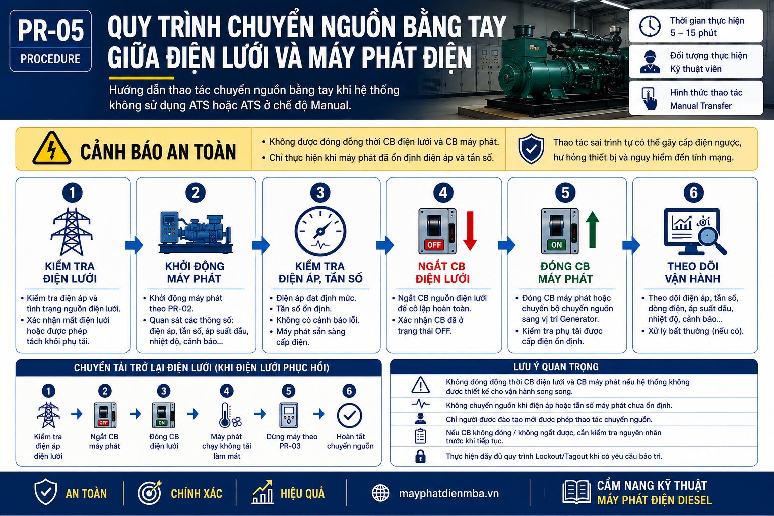 chuyển nguồn bằng tay giữa máy phát điện và điện lưới