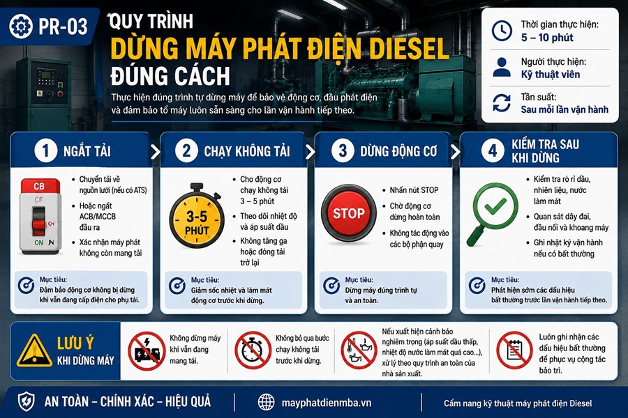Quy trình dừng máy phát điện Diesel đúng cách