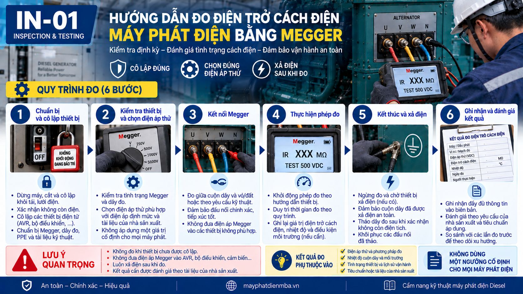 Đo điện trở cách điện máy phát điện bằng Megger