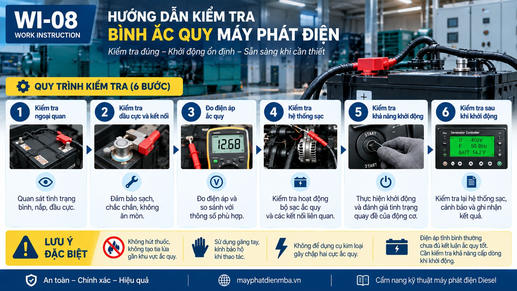 Quy trình kiểm tra bình ắc quy của máy phát điện
